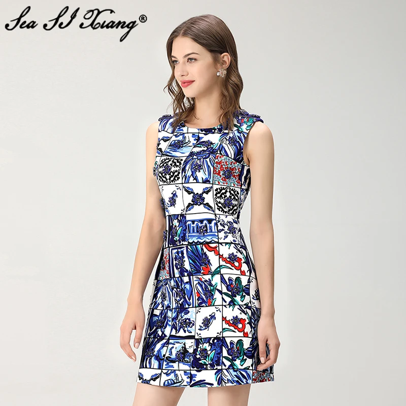

Seasixiang Fashion Designer Summer Dress Women O-Neck Sleeveless Crystal Diamonds Plaid Print Mini Dresses