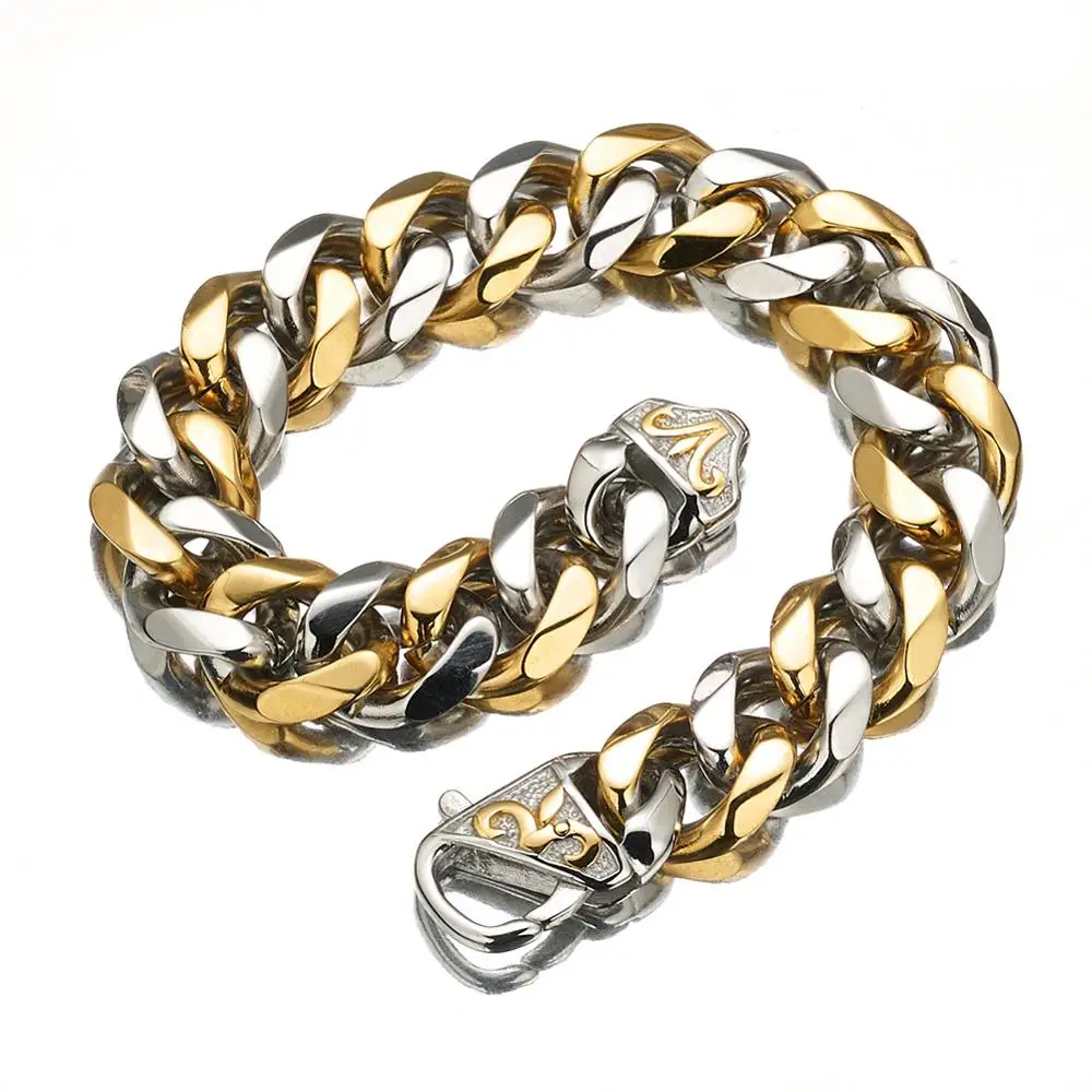 

15mm Wide New Style Mens Silver Gold Black Color Stainless Steel Curb Cuban Link Bracelet 7-11" For Choose