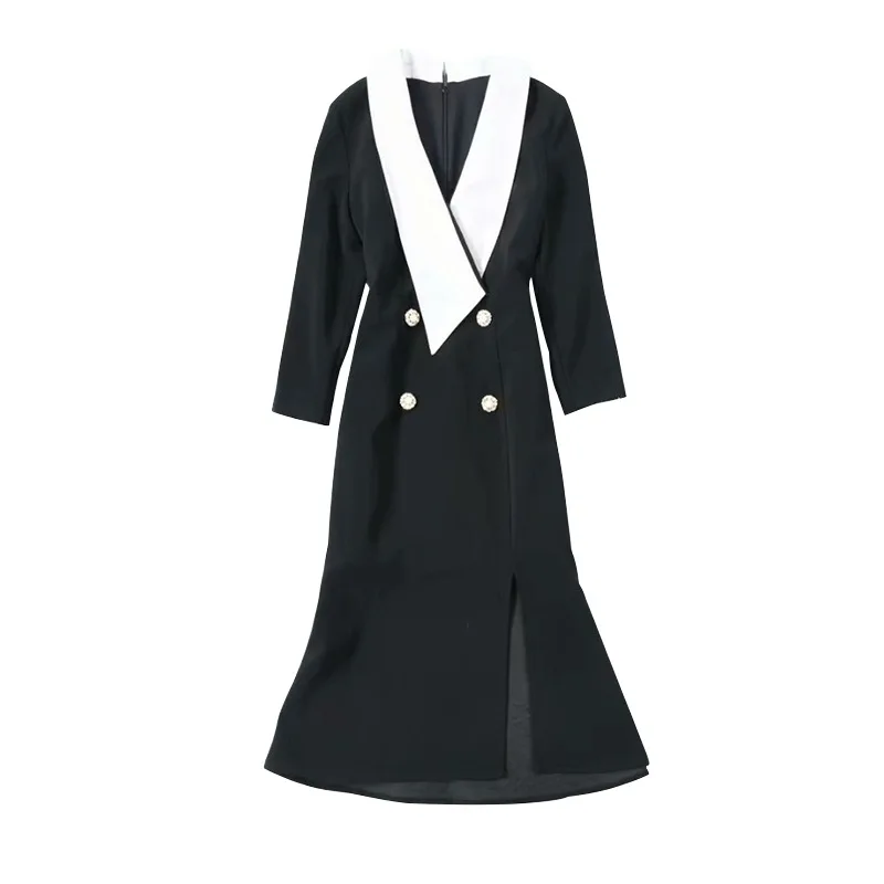 

Early spring new dress ol commuting V-neck 3 / 4 Sleeve Cotton hemp double breasted color contrast dress height split buttock