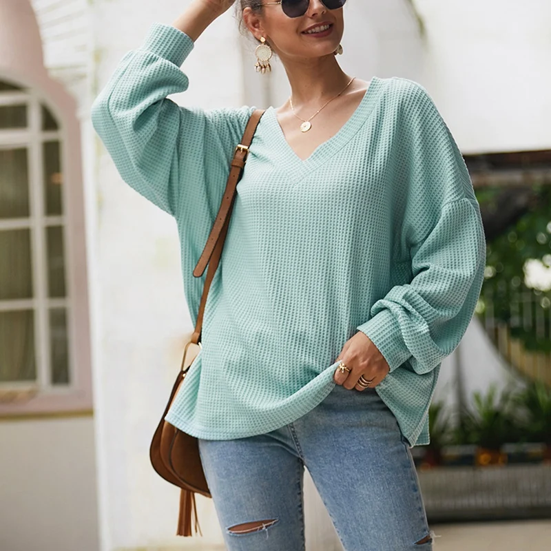 Autumn fashion tops large size women's 5XL 6XL 7XL 8XL 9XL sexy deep V-neck long-sleeved bust 138CM - Color: Turquoise
