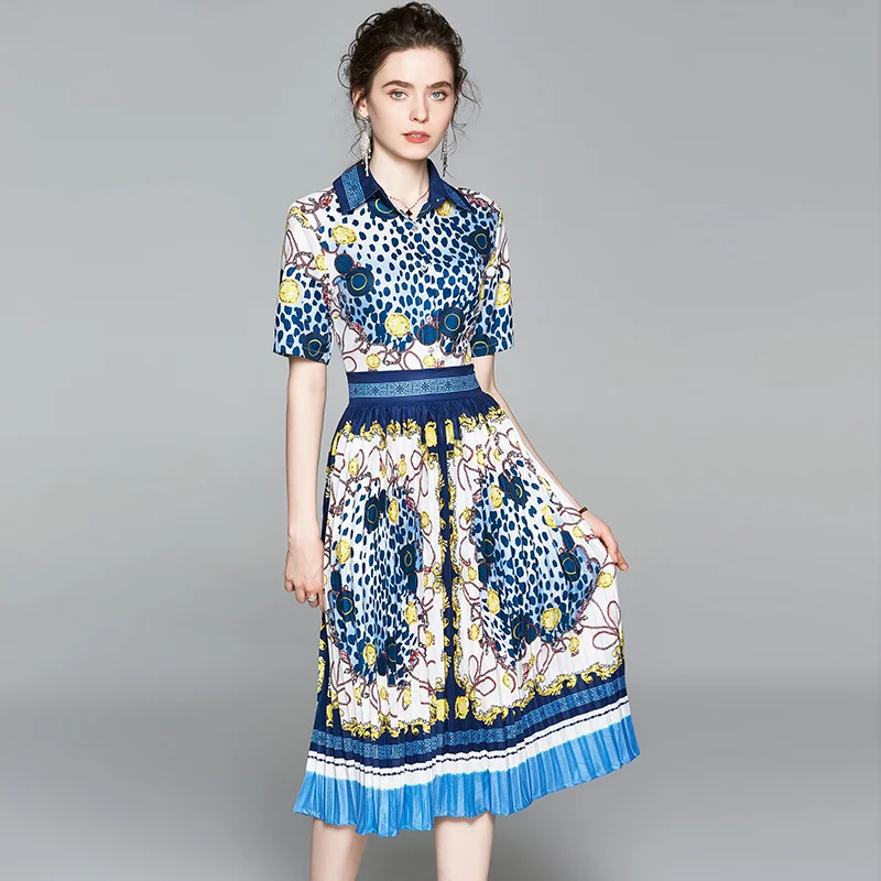 

Merchall 2021 Fashion Runway Elegant FLower Print Slim Midi Dress Woman Short Sleeve Turn Down Collar Party Dinner Robe M58152