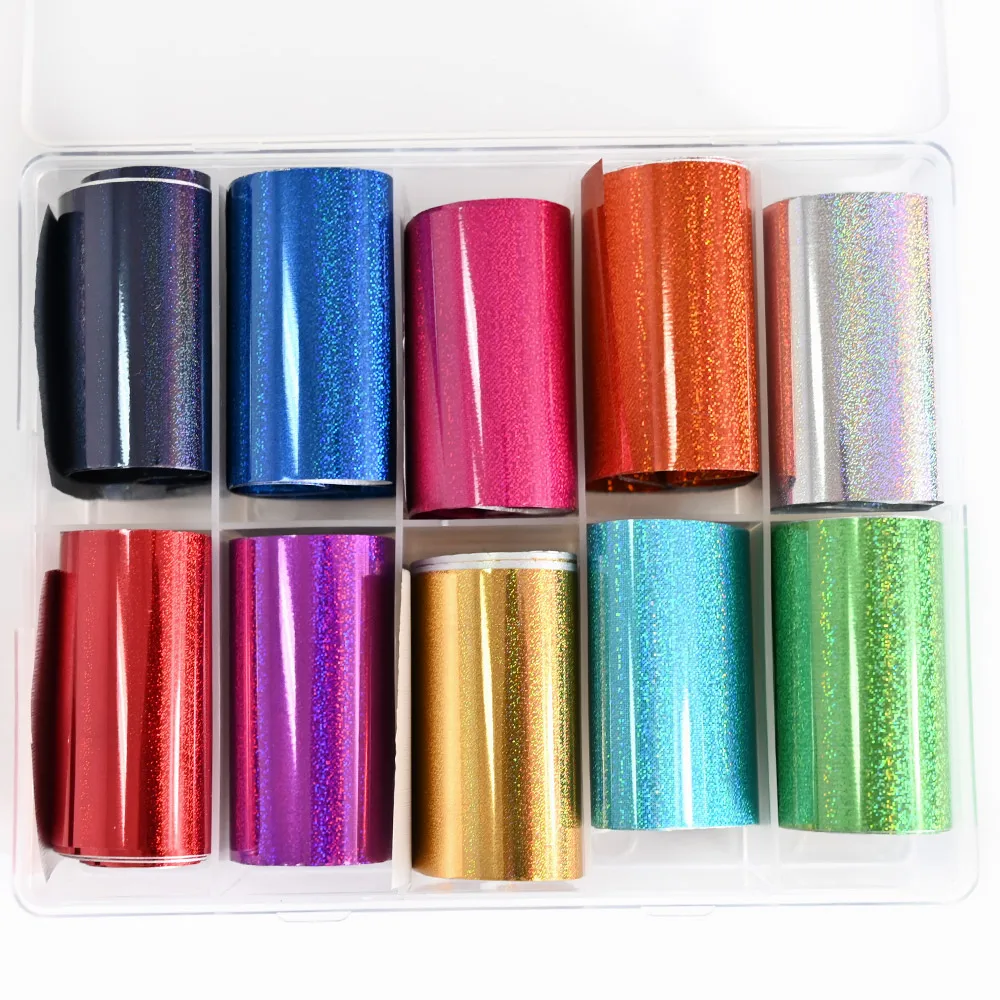 

10Rolls Laser Gold Nail Art Foil Set Charm Gradient Gold Transfer Wraps Sticker4*100cm DIY Manicure Design Decals In10Girds Box