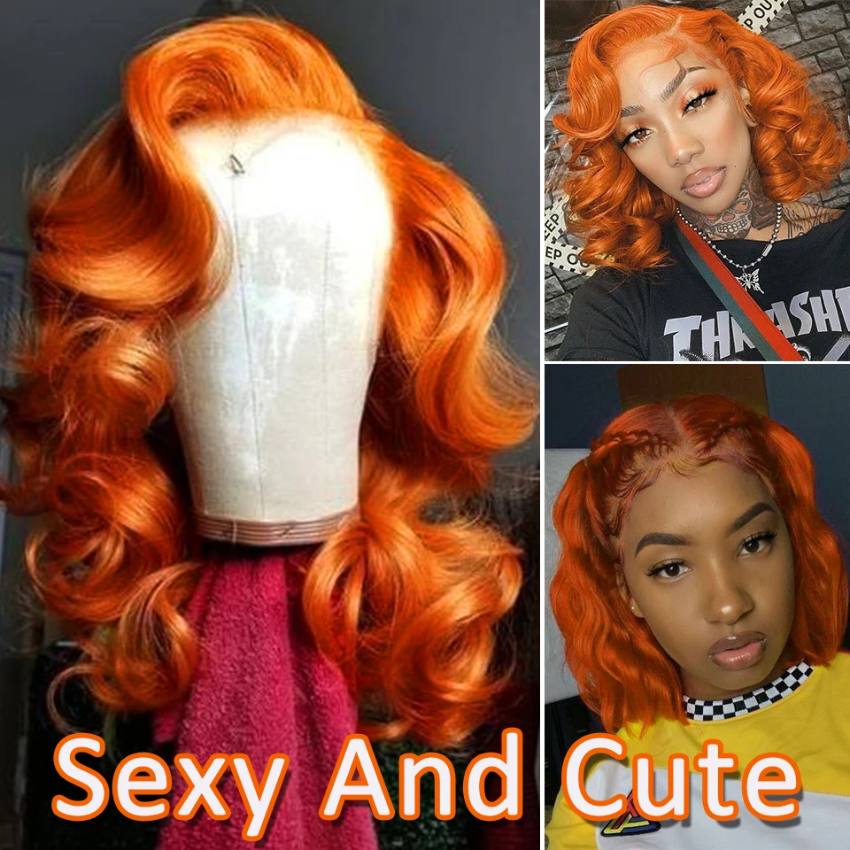 

Orange Ginger Body Wave Lace Front Human Hair Wigs For Women Human Hair Mongolian Hair Orange 4x4 Short Lace Wig Sexy and Cute