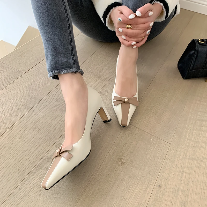

VERCONAS Spring New Elegant Fashion Women Pumps Mixed Colors Genuine Leather Butterfly-Knot High Heels Casual Office Shoes Woman