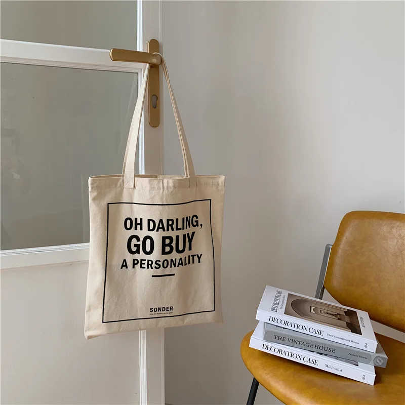 

Women Canvas Shopping Bag Raw Cotton Fabric Shoulder Bags Eco Cloth Handbag Tote Letters Print Books Bag For Girl