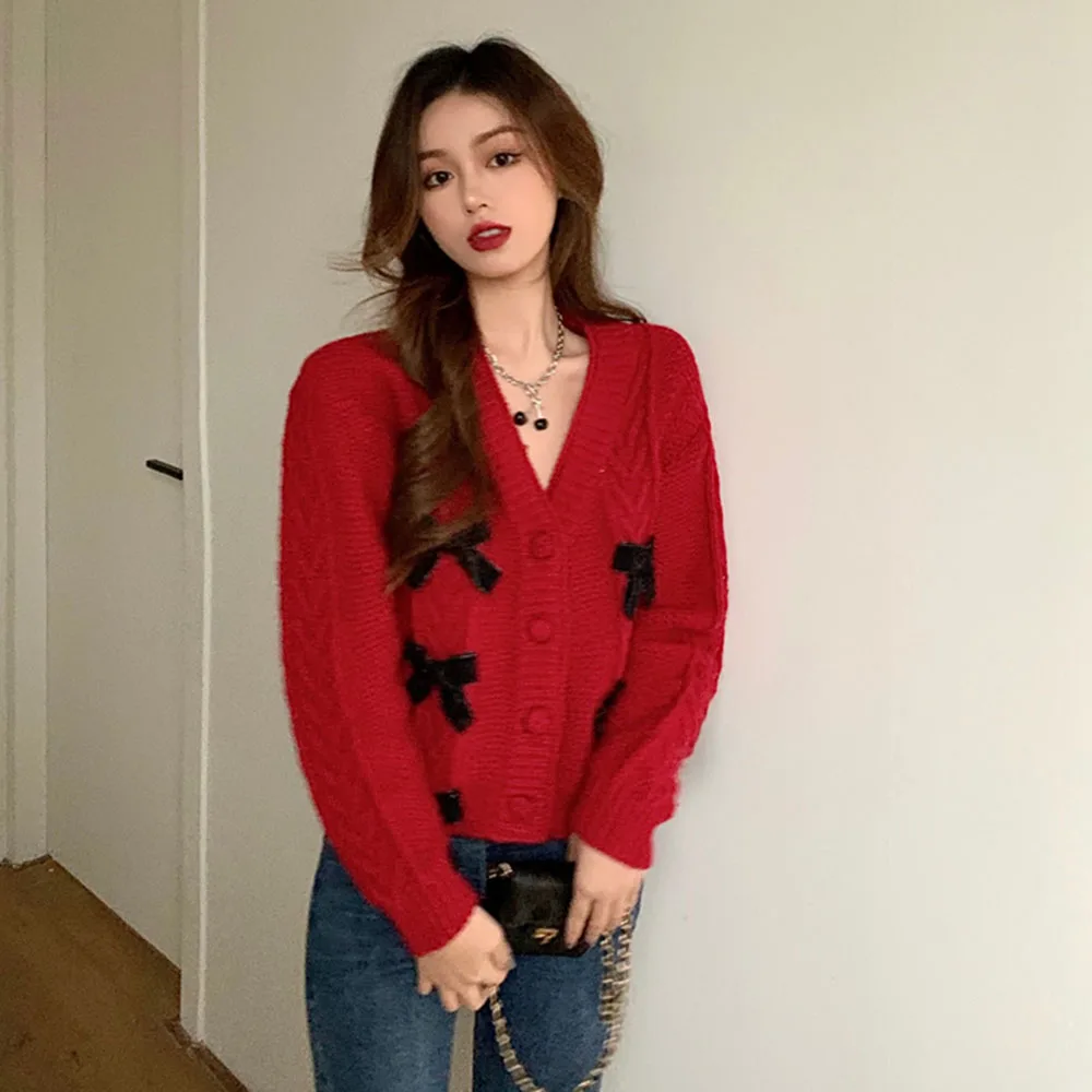 

Женский осенний Новый кардиган, повседневный простой свитер в деловом стиле с длинным рукавом, V-образным вырезом и бантом, прямой теплый вя...