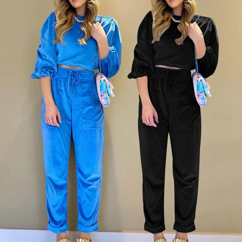 

2021 Autumn Winter Women Long Sleeve And Casual Two Piece Sets Women Solid Color Tracksuit Female Suits