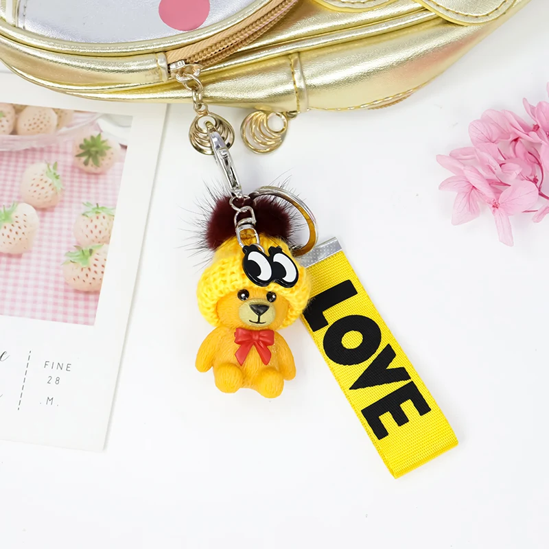 

2020 new resin keychain cute rabbit hat bear shape leather strap bell accessories creative small gifts ladies bag pendant