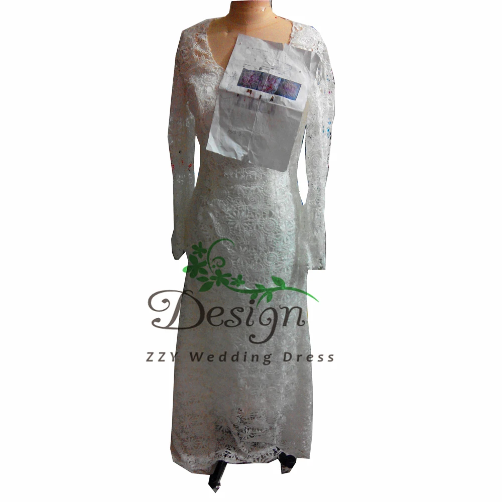 

Real Images! Lace Bridal Gown Deep V-Neck Long Sleeves Dropped Sheath Court Train Custom-Made Boho Wedding Dress Bride Dresses