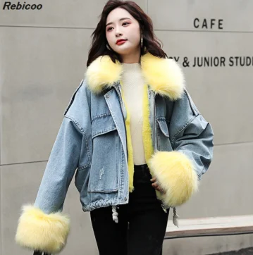 Джинсовые лоскутные шерстяные плюшевые милые пальто с отложным воротником и