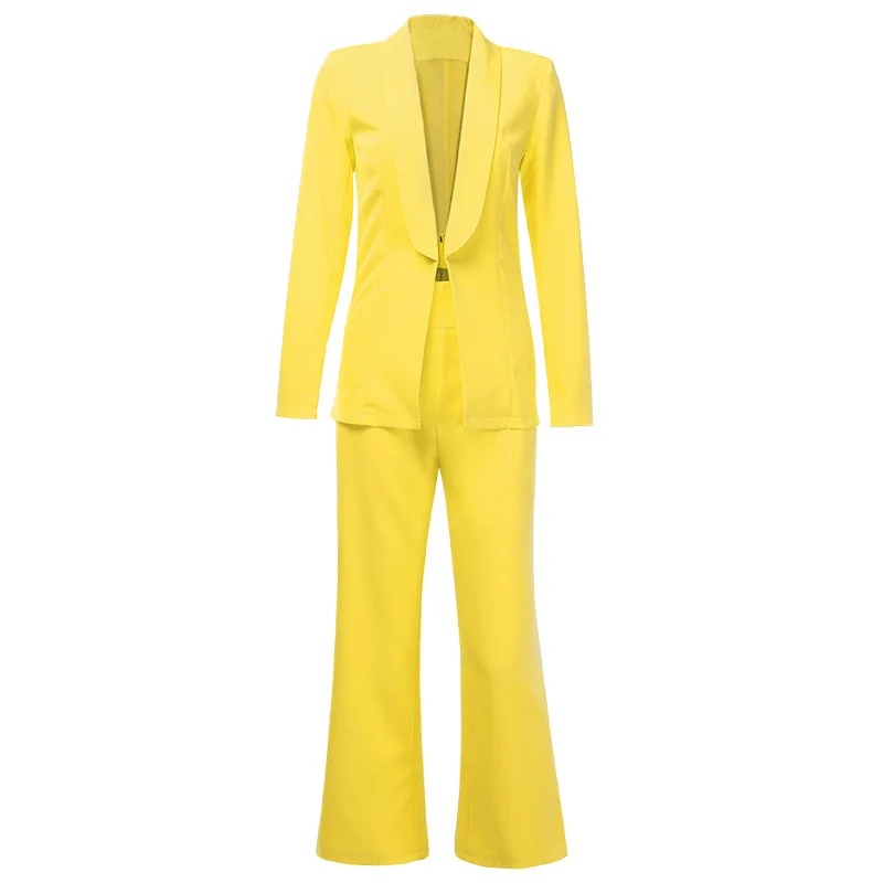 Shstyle желтый неоновый офисный костюм, женский Блейзер, куртка, брюки-клеш, сексуальный Повседневный Женский комплект из 2 предметов, осень зима
