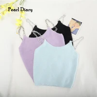 pearl diary women summer corduroy sleeveless silver chain vest fashion all match casual suspender top