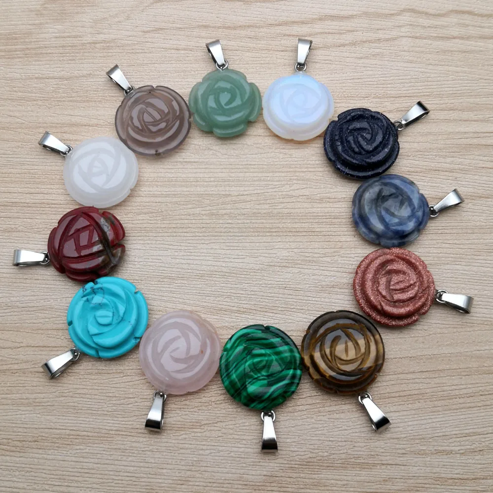 

fashion rose flower natural stone carving mxied pendant for jewelry making charm necklace Accessories 12pcs Trendy Ornaments