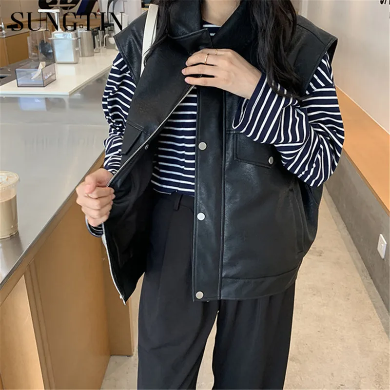Женский жилет из искусственной кожи Sungtin черный Свободный без рукавов Осень-зима