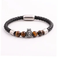 high quality men jewelry new design natural stone stainless steel lion charm genuine leather bracelet male