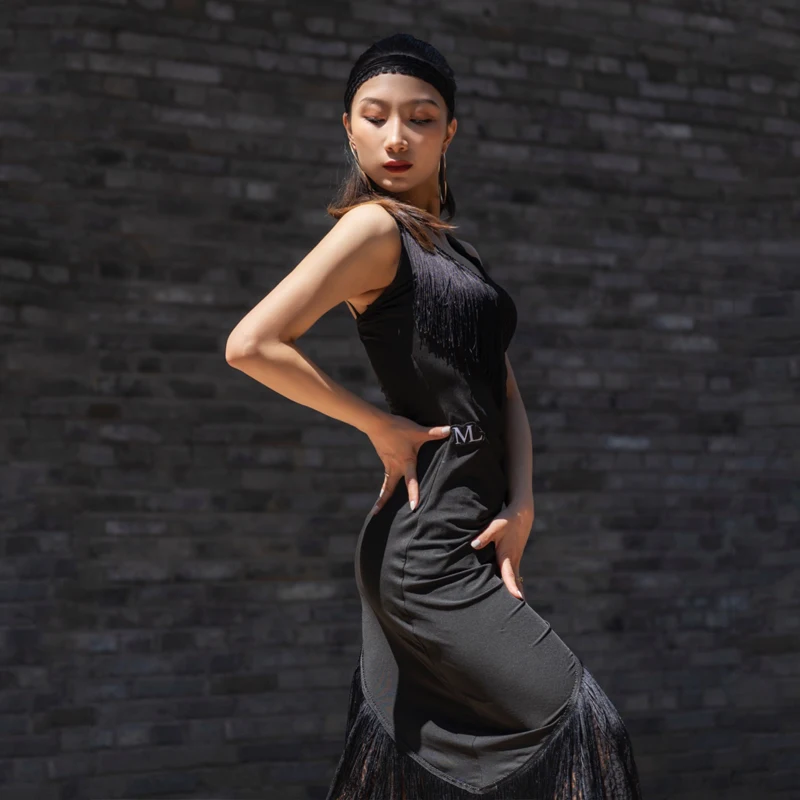 Женское платье для латиноамериканских танцев черное кружевное с бахромой одежда