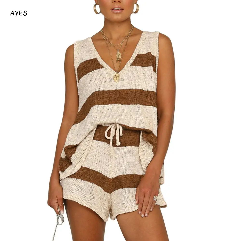 

2020 New Summer Stripe Knitted Sets Fashion V Collar Vest And Drawstring Shorts Casual Women 2 Piece Set Tracksuit Outfits Sets