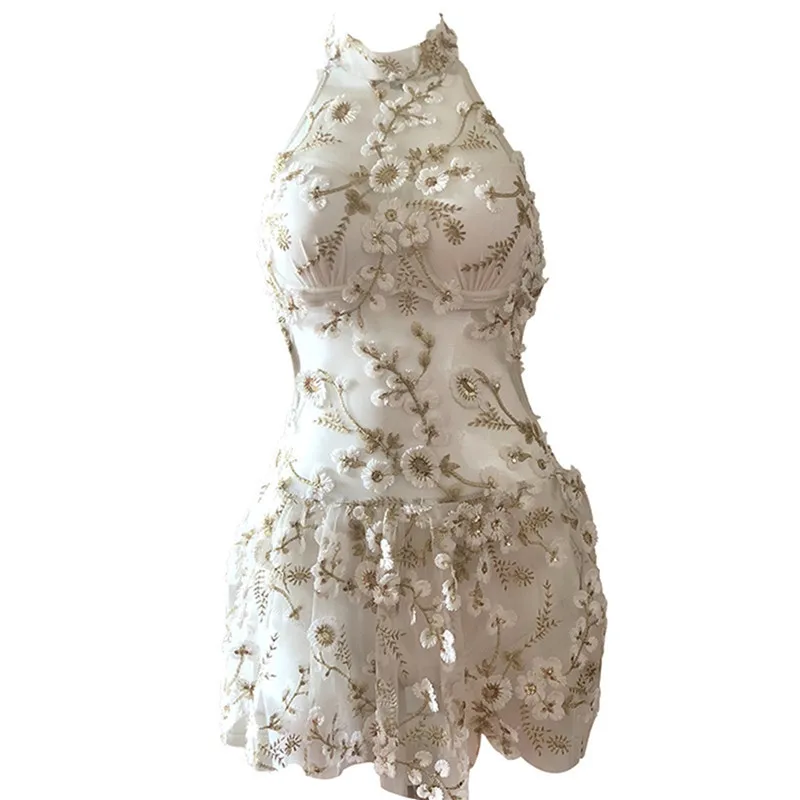 

New One Piece Swimsuit Women Halter Lace-up Floral Swimwear Transparent Sexy Monokini Korean Style Backless Bathing Suit Padded