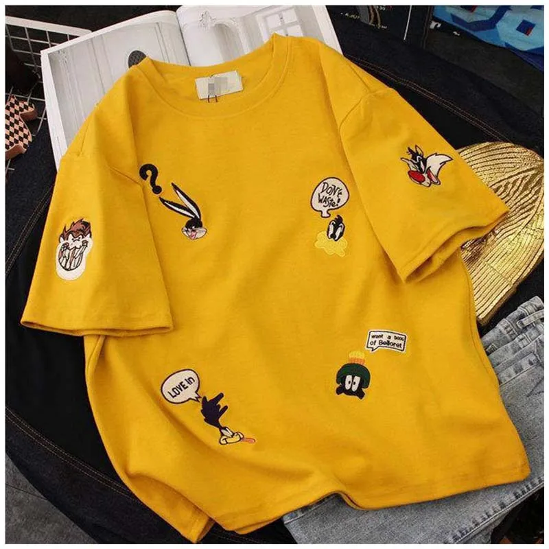 

Летняя новая женская модная футболка в стиле Харадзюку, Корейская версия, трендовая Свободная Женская футболка, повседневная женская футбо...