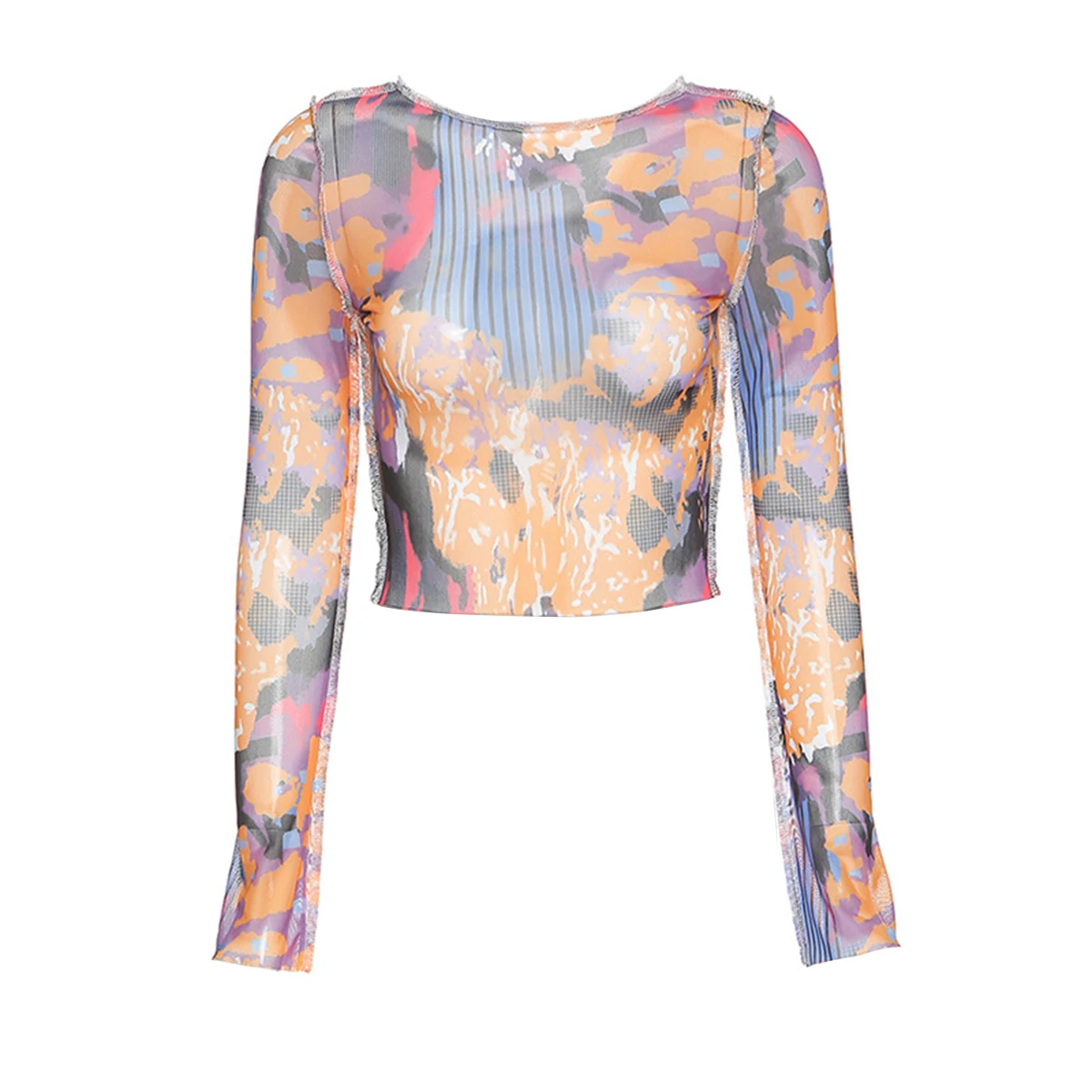 

Womens Multi-Color See-Through One-Line Neck Long-Sleeves Crop Top for Ladies