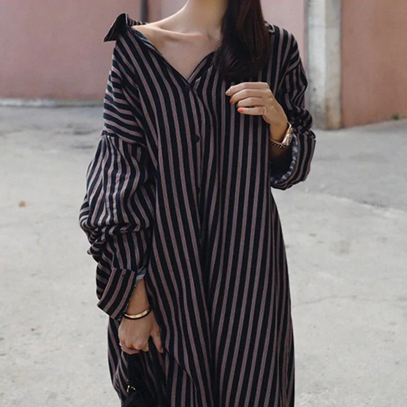 CHICEVER Весенняя Повседневная полосатая женская рубашка с отворотом и длинным