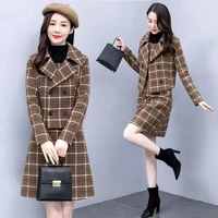 spring and autumn fashion temperament women two piece set dress tweed suit double breasted office lady plaid clothes
