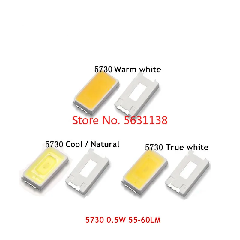 

100PCS 5730 WHITE LED 0.5W 55-60 150mA BRIGHT TRUE WHITE 6000-7000K/ NATURAL 4000-5000K/ WARM 2800-3200K/ COOL 9000-13000K Light
