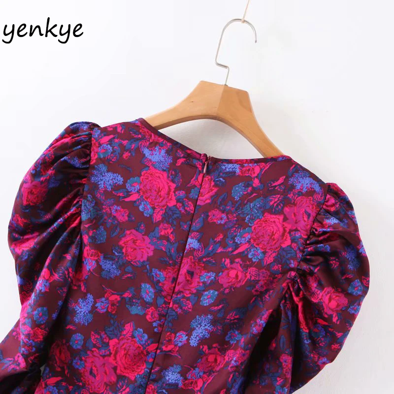 Женское шифоновое платье с цветочным принтом круглым вырезом и пышными