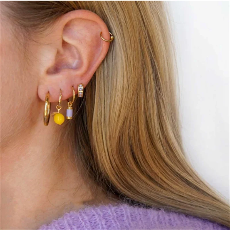 Женские серьги-кольца из серебра 925 пробы с эмалью манго Персиком клубникой