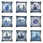 Голландская синяя винтажная наволочка Delft с изображением парусника, ветряных мельниц, наволочка для диванной подушки, домашний декор, квадратная наволочка для подушки, наволочка для гостиной