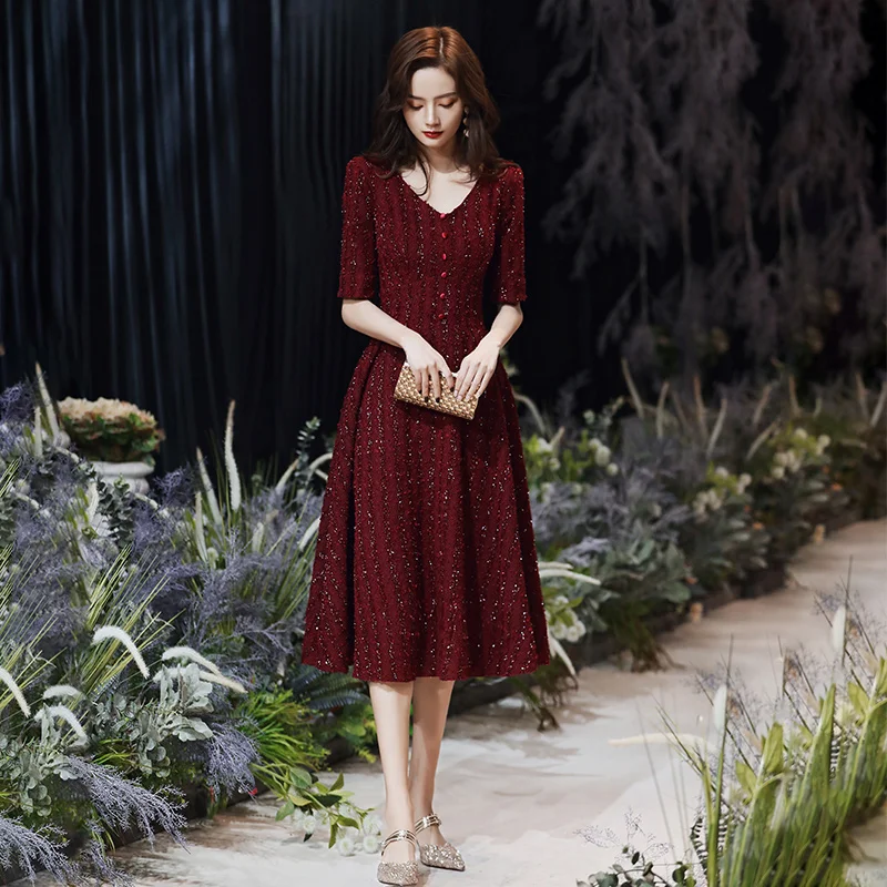 wei yin AE0364 2020 Burgundy Evening Dresses Half Sleeves Zipper Party Gowns V Neck vestidos de festa Formal Dress | Свадьбы и