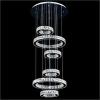 modern 6 rings staircase led k9 crystal pendant lighting fixture stainless steel pendant lamps round suspended lights for high