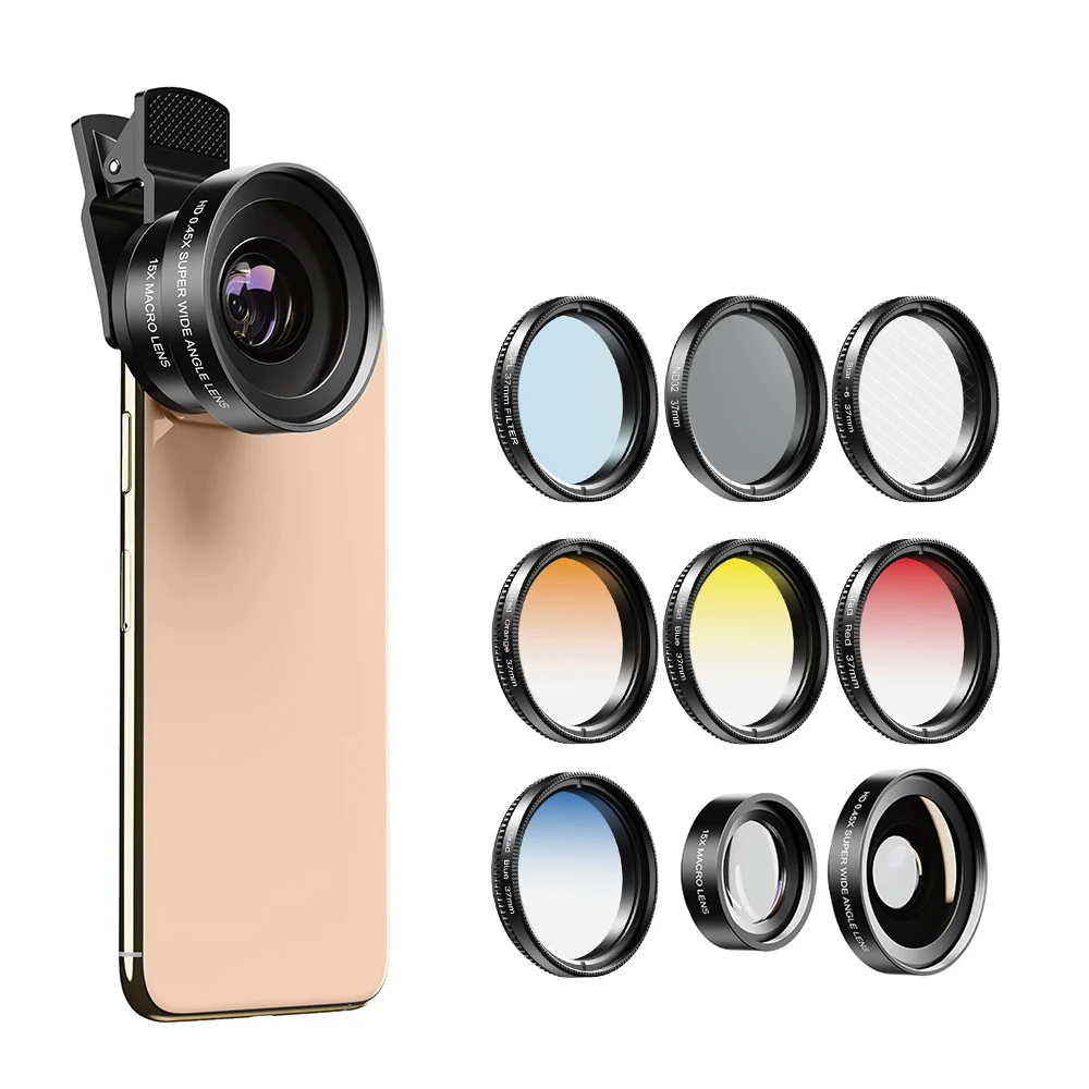 Набор объективов APEXEL 9 в 1 с градиентными фильтрами 37 мм 0.45x широкие + 15x