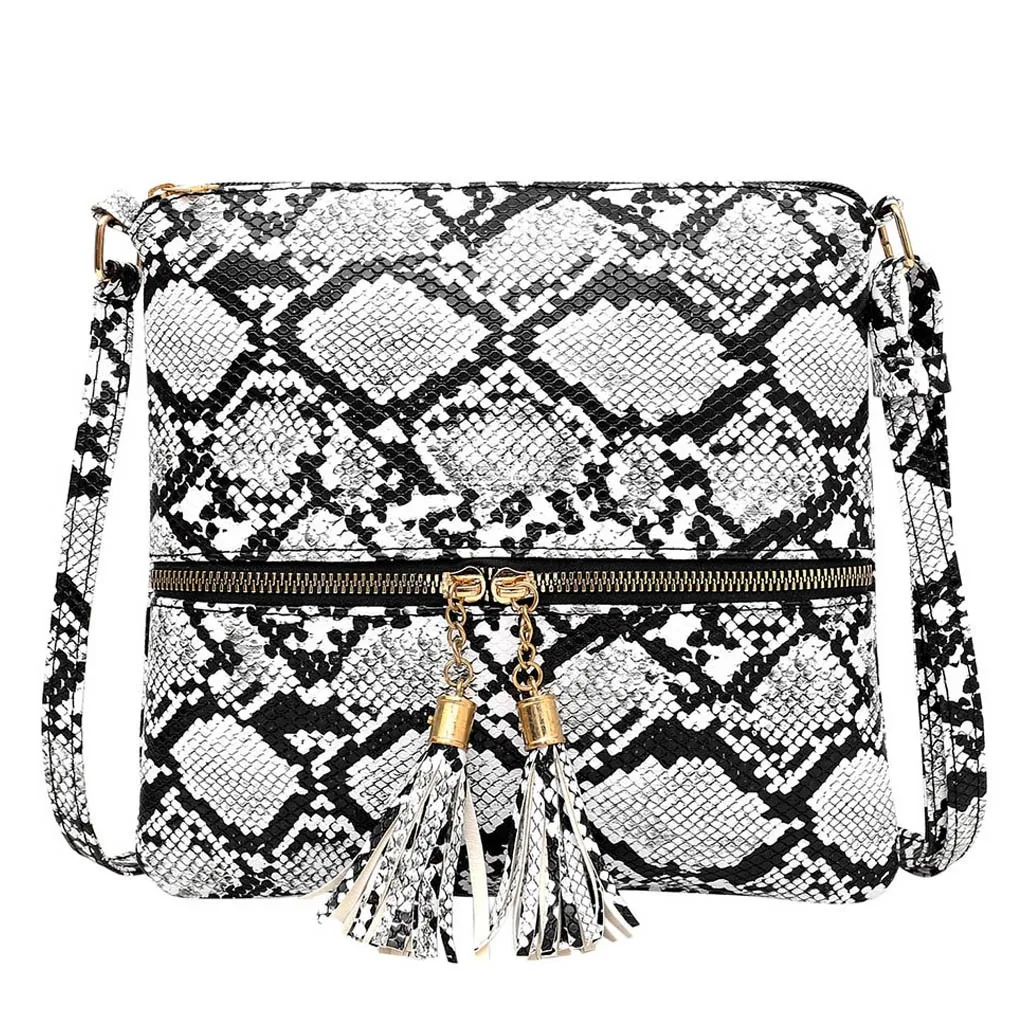 Fashion Women Tassel Snake Printing Zipper Messenger Bag Handbag Shoulder Bag Elegant Small Square Bags#YJ