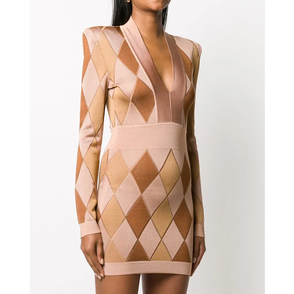 

Women Winter Sexy Long Sleeve Plaid Elegant Bandage Dress 2021 Club Celebrity Elegant Bodycon Party Dress Vestido