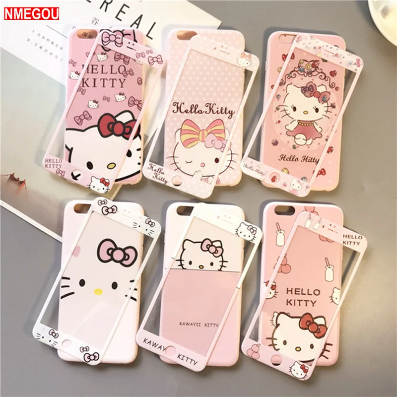 360 милый мягкий чехол с рисунком hello kitty Cat для IPhone XR XS Max X 10 8 7 6 6s Plus+ Передняя пленка из закаленного стекла