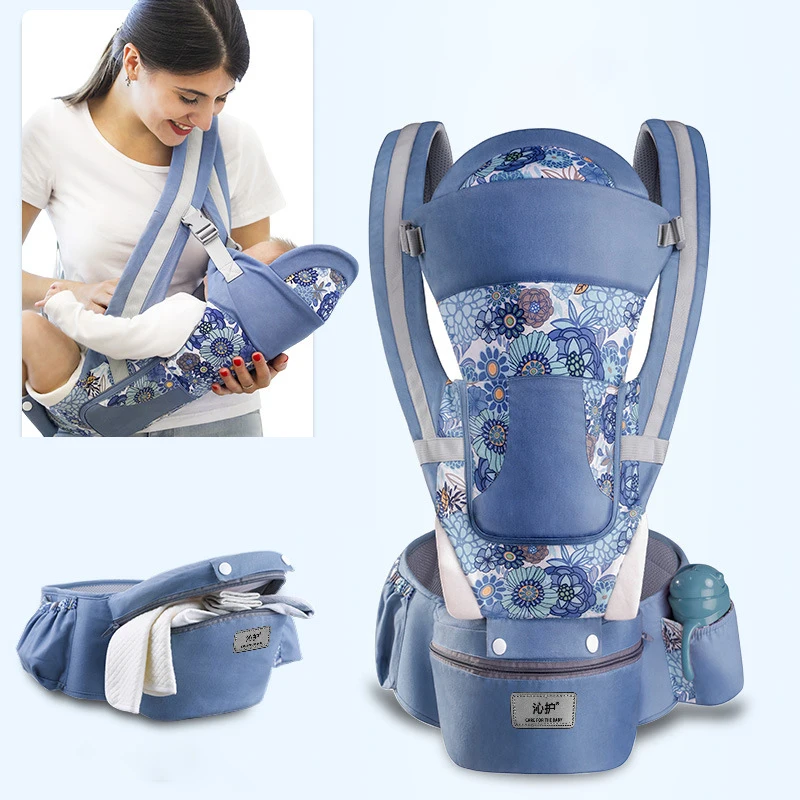 Cowboy blue flower QINHU, хлопок, переноска для ребенка, мягкое сиденье, материал для здоровья, эргономичный слинг для ребенка, накидка для лица, кенгуру, большой ремень для ребенка - Цвет: Cowboy blue flower