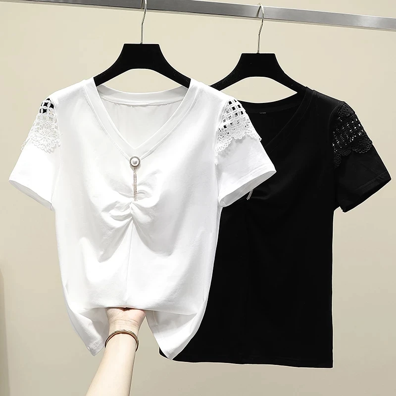 

Summer Cotton Basic White V-Neck T-Shirt Women Solid Casual Short Sleeve Tee Shirt Female Knitted Tops Hollow Out Tshirt Ladies