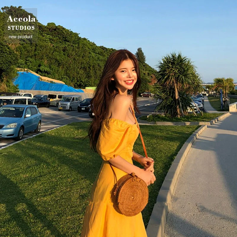 

2021 Summer Vintage Single-Breasted Square Collar A-Line Off Shoulder Sexy Beach Midi Dress Women Yellow Chic