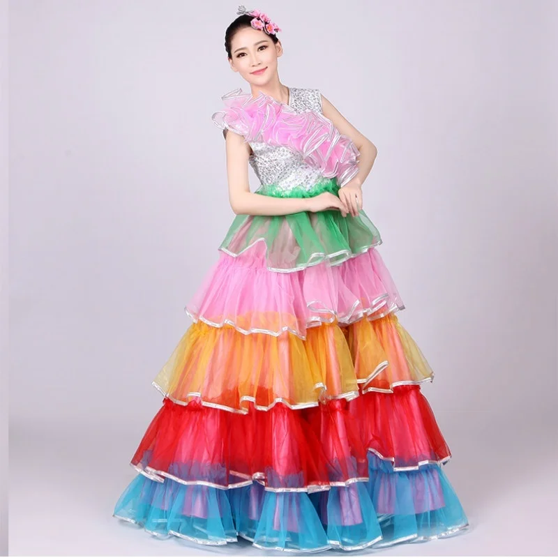 Испанское фламенко современное танцевальное платье разноцветное Сетчатое