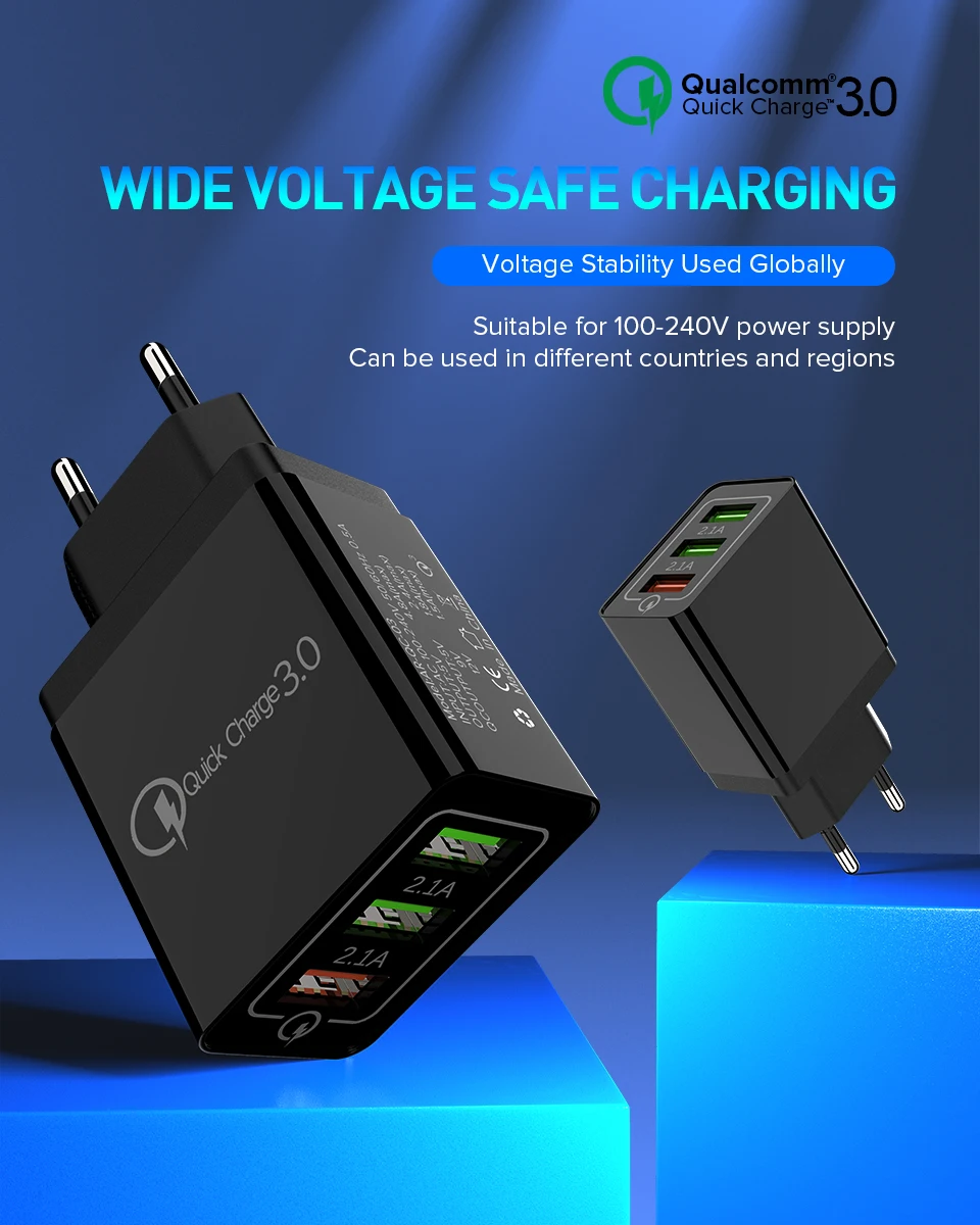 Venroii 3 USB зарядное устройство для мобильного телефона QC3.0 EU разъем для iPhone XR X Xiaomi Смартфон быстрая зарядка для huawei Быстрая зарядка