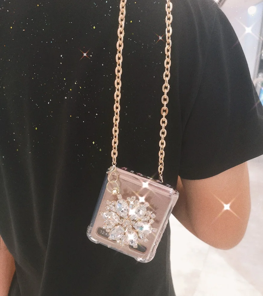 

Роскошный чехол со стразами чехол для телефона для Samsung Galaxy Z Флип 5G чехол с металлической цепью Сумки через плечо сумка для Samsung Z чехол с отк...