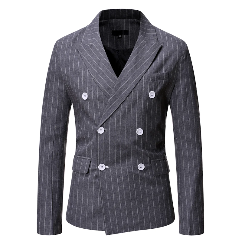 

Classic Business Double Breasted Long Blazer Men Dress Fashion Wedding Prom Party V-Neck Striped Slim Fit Korean Men Suit Jacket