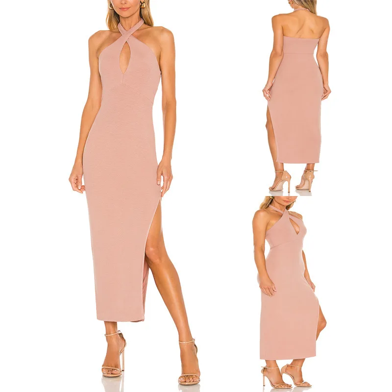 

WEPBEL Dress Women's Casual Solid Color Slim Fit Slit Dress Summer Sexy Halter Backless Hollow Out Spaghetti Strap Dress