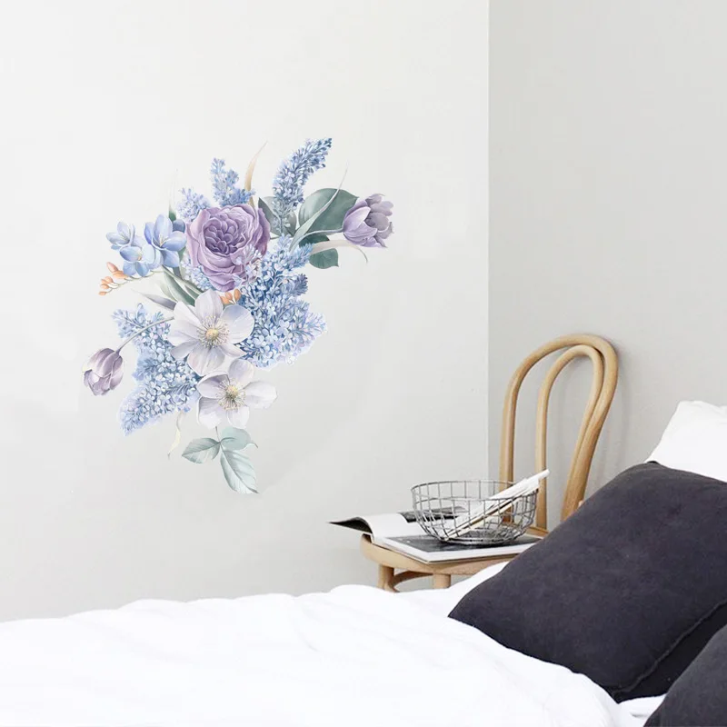 

Purple Flowers Wall Sticker Plants Art Living Room Bedroom Decor Water Color Wallpaper Self-adhesive Wall Decals