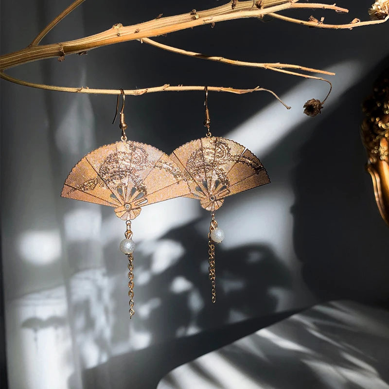 Модные серьги золотой веер имитация жемчуга аксессуары в японском стиле подарок
