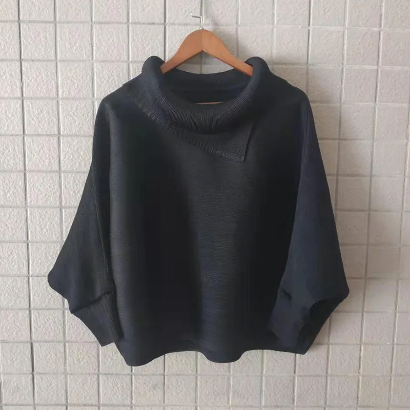 

LANMREM Solid Color Lapel Long Bat Sleeve Pleated T-shirt Women Vintage Loose Popular Pullover Tops 2021 Autumn New PC767