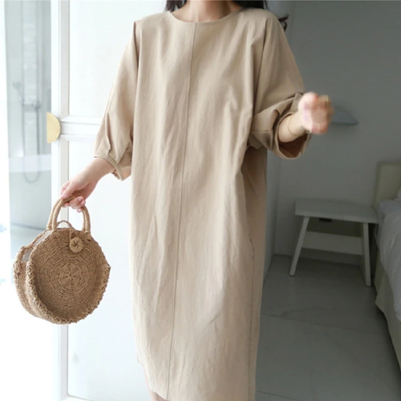 

Spring Summer Loose Women's Cotton And Linen Dress 2021 Sundress Solid Color O-Neck Casual Three Quarter Sleeve Dress