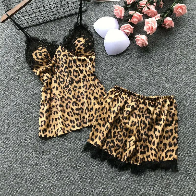 

Lady Leopard Print 2Pcs Pajama Sets Women's Sexy Satin Lace Sleepwear Sets Sleeveless Strap Nightdress Elastic Waist Shorts Sets