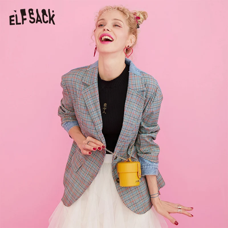 ELFSACK клетчатый Джинсовый блейзер в стиле пэчворк для женщин осень 2019 корейский